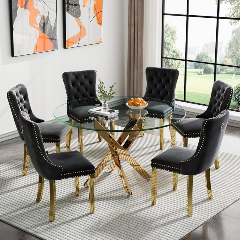 Glam Dining Table Set Round Glass Top with Gold X-Base