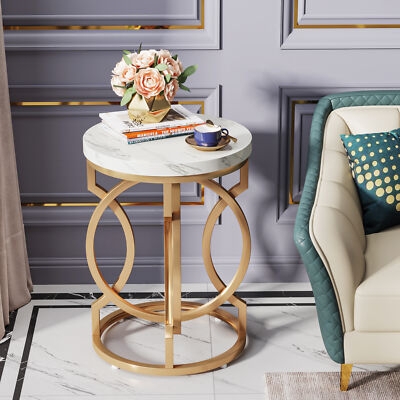 Glam End Table with Gold Interlocking Circle Base and Marble Top