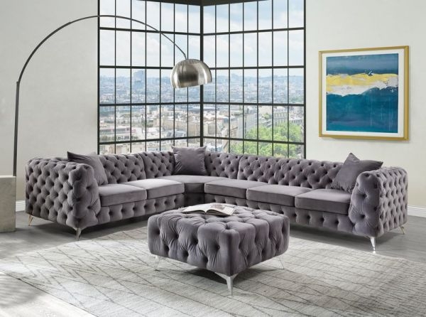 Glam Gray Velvet L-Shaped Sectional and Matching Ottoman