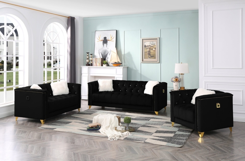 Glam Living Room Set Velvet Nailhead Accents Gold Tapered Legs