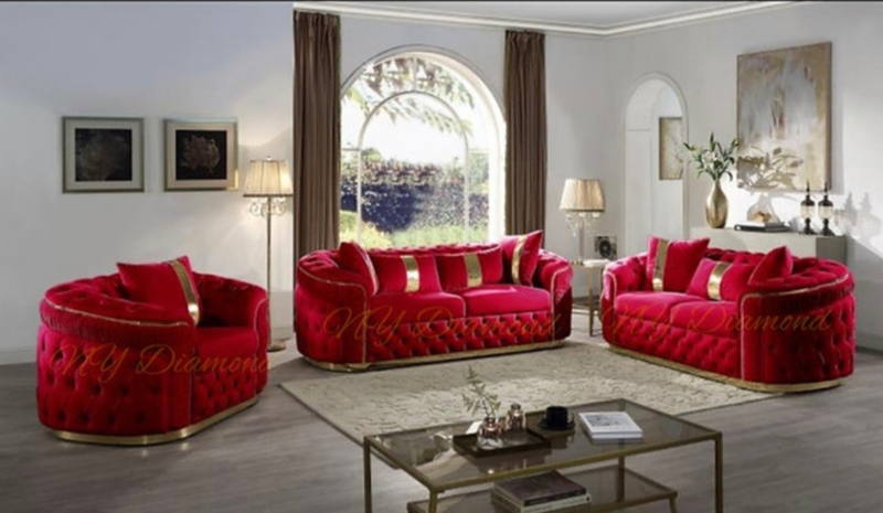 Glam Living Room Set with Curved Barrel Silhouette and Gold Trim