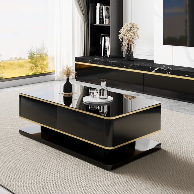Glam Rectangular Coffee Table with Glossy Black Glass and Gold Trim