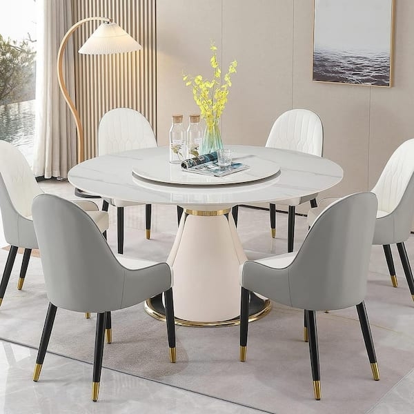 Glam Round Dining Table White Stone Like Top Gold Accents Lazy Susan