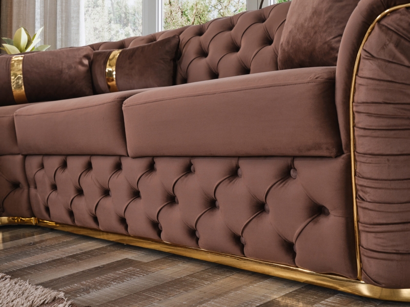 Glam Sectional Sofa with Polished Gold Base Trim and Ruched Detailing