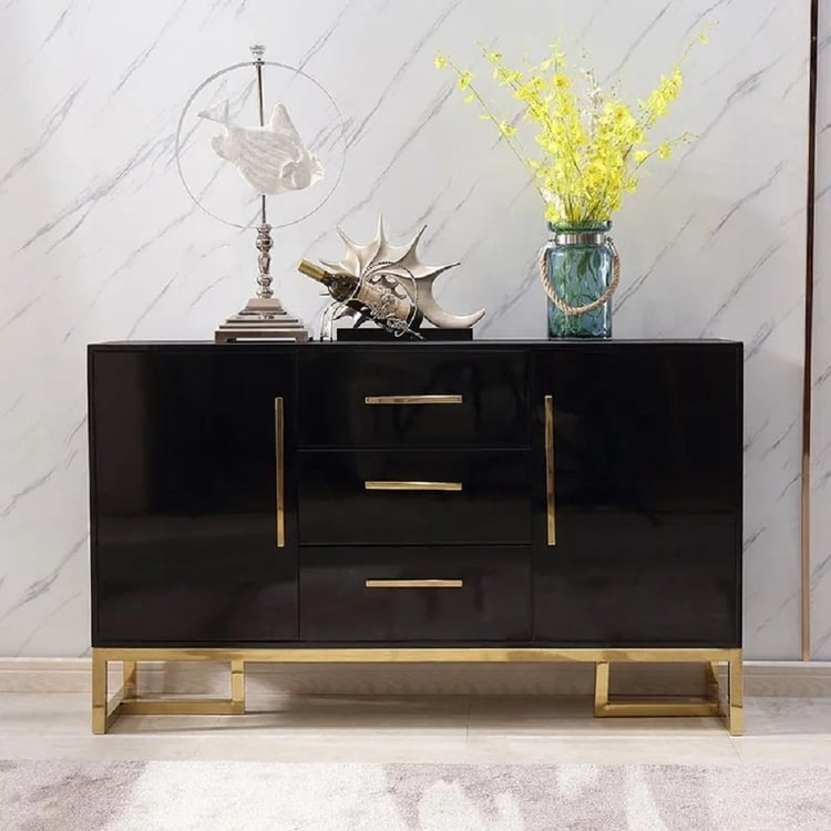 Glam Sideboard High-Gloss Surface Gold Metal Sled Base