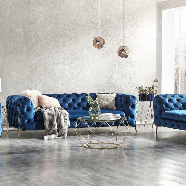 Glam Tuxedo Sofa Navy Velvet Button Tufted with Gold Metal Legs