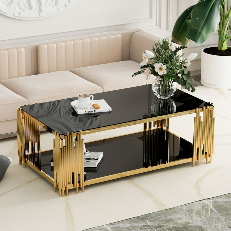 Glam Two-Tier Coffee Table with Architectural Gold Rod Legs and Glass