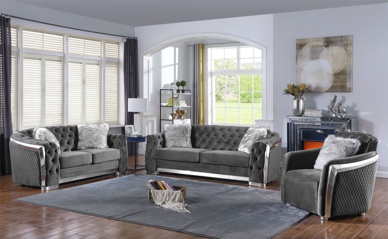 Glam Velvet Living Room Set with Chrome Frame Accents