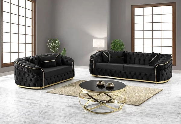 Glam Velvet Sofa Set, Gold Base Trim, Deep Button Tufting, Luxury Style.