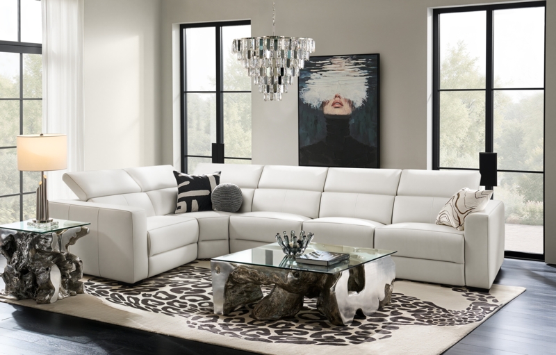 Glam White Sectional Sofa Leather Like Adjustable Headrests