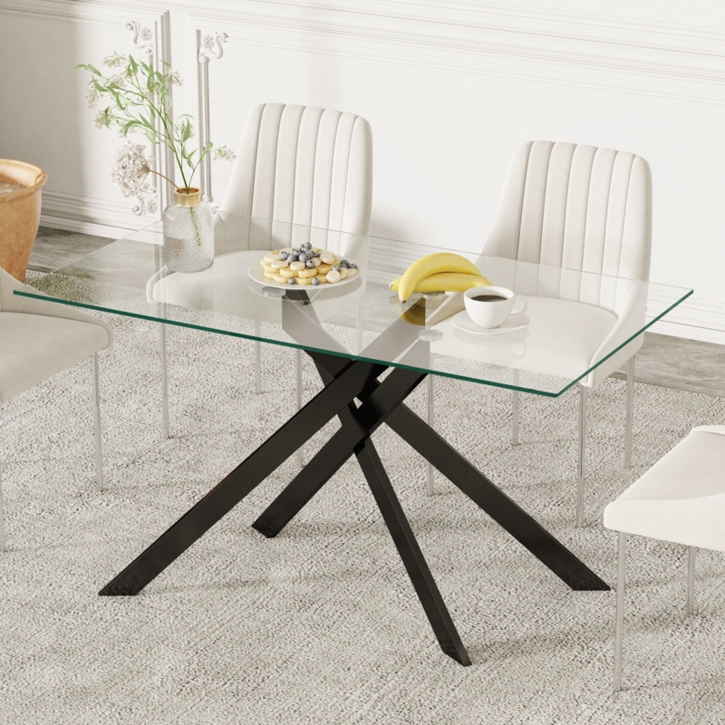 Glass Dining Table Black Base with Rectangular Top and X-Frame