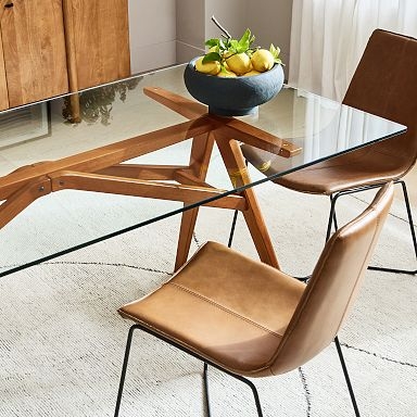 Glass Dining Table with Angular Wood Cross-Leg Base Design