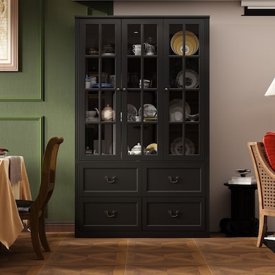 Glass Door Display Hutch Traditional Style Drop Pull Handles