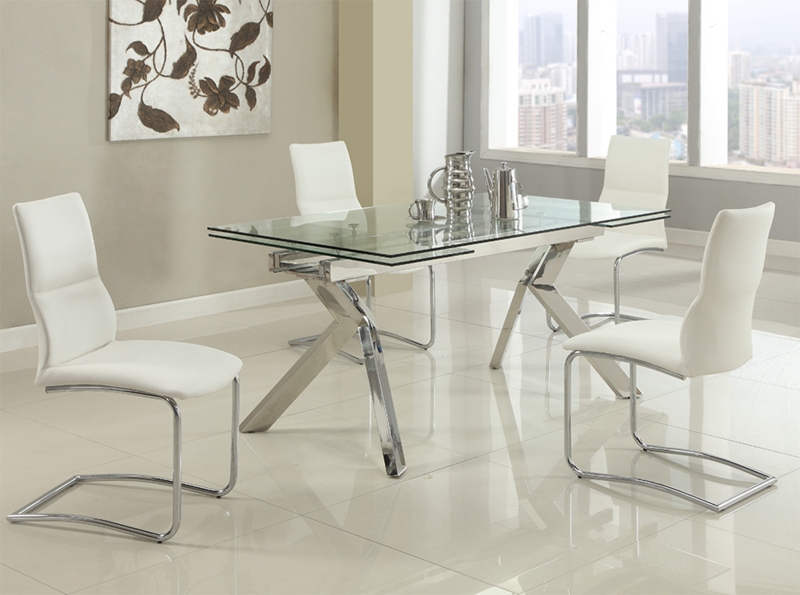 Glass Extension Dining Table with Polished Chrome X Pedestal Base