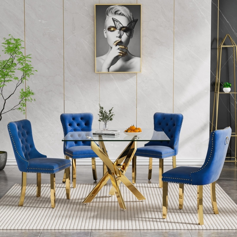 Glass Top 5-Piece Dining Set Velvet Tufted Chairs Architectural Base