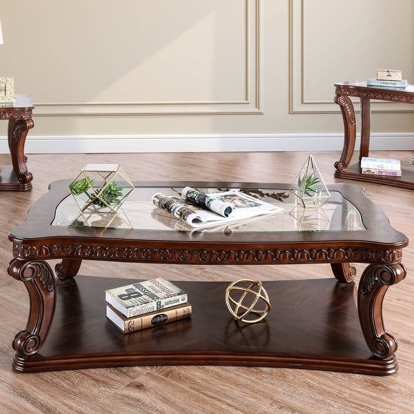 Glass Top Coffee Table Espresso Traditional Inset Shelf