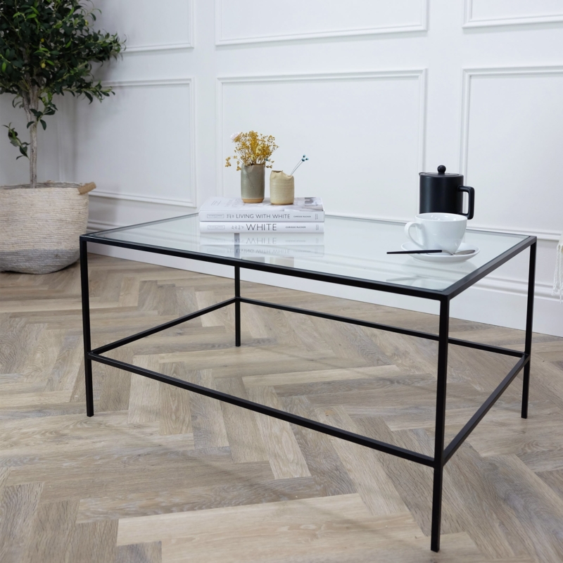 Glass Top Coffee Table Slim Black Metal Frame Minimalist Design