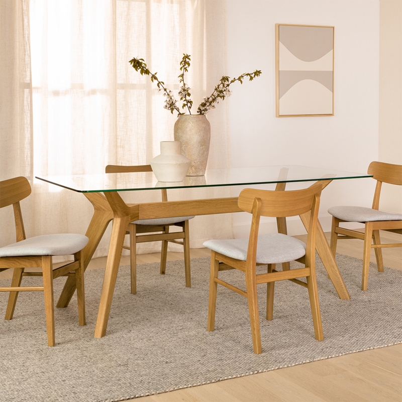 Glass Top Dining Table with Angled Light Oak Base