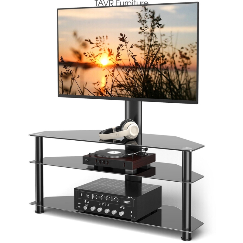 Glass TV Stand with Swivel Mount, Three Tier Media Rack Black Metal