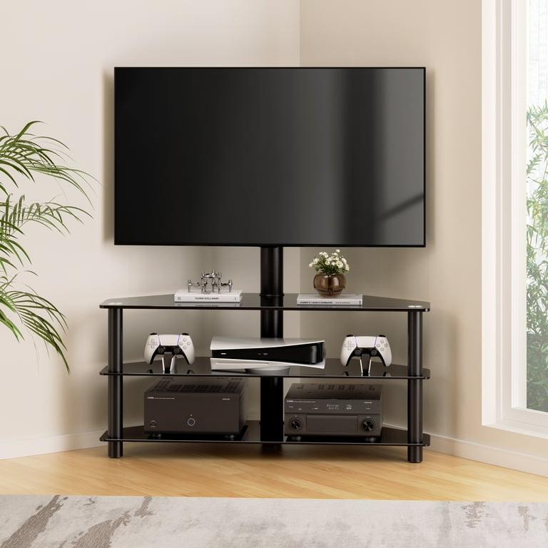 Glossy Black Corner TV Stand with Integrated Mount