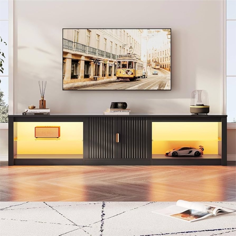 Glossy Black Fluted TV Stand with Warm LED Lighting and Glass Shelves