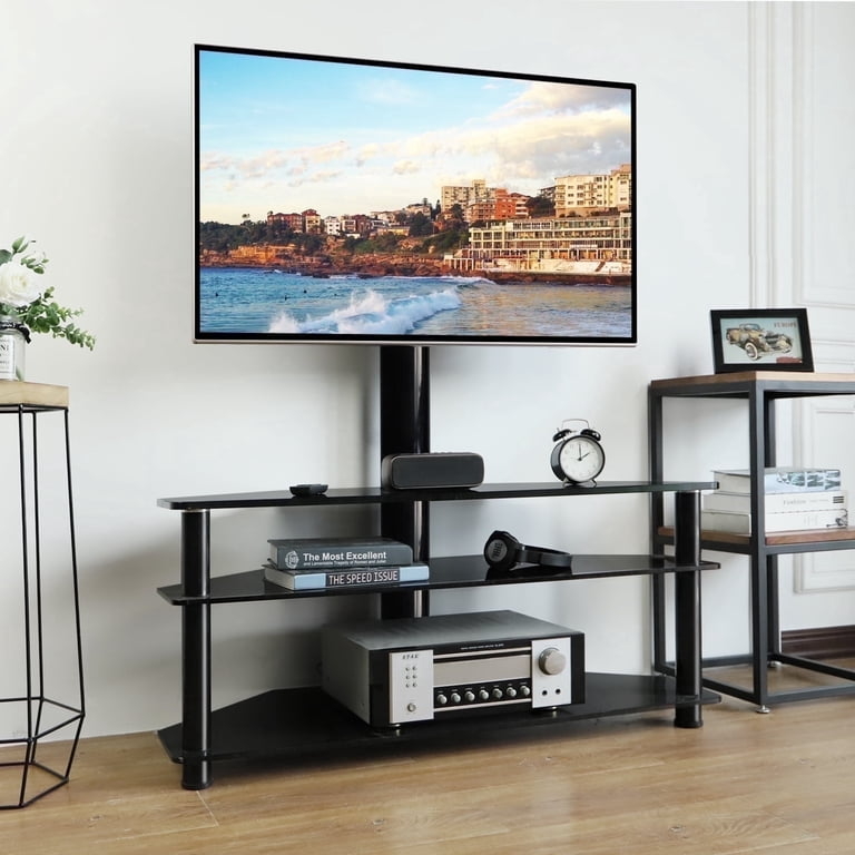 Glossy Black Glass TV Stand with Swivel Mount Media Console