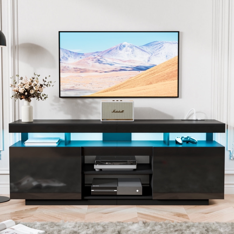 Glossy Black TV Stand with Blue LED Accent Lighting