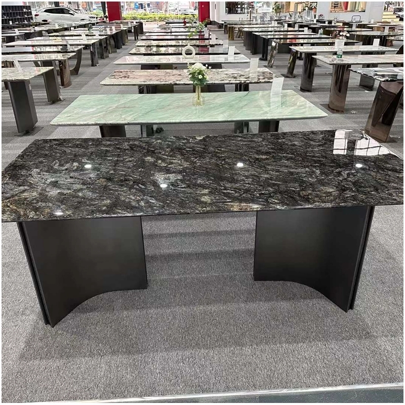 Glossy Dark Stone Dining Table with Curved Metal Pedestal Base