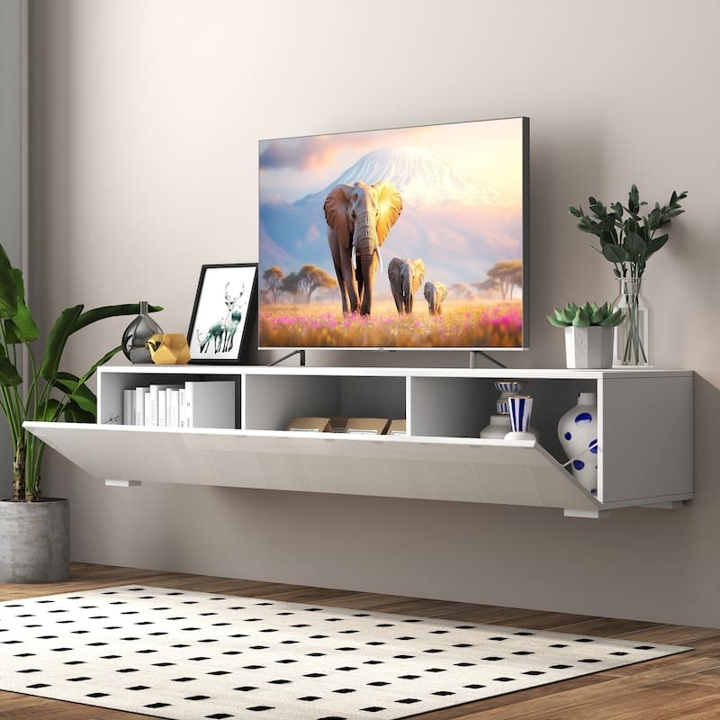 Glossy Finish Floating TV Stand with Drop-Down Media Storage Door