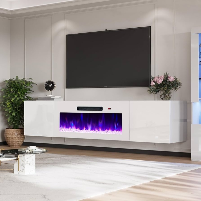 Glossy Floating Media Console with Built-In Electric Fireplace