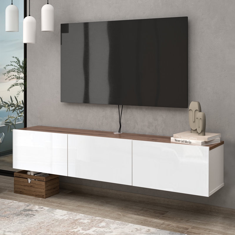 Glossy & Light Oak Floating TV Stand with Handleless Doors