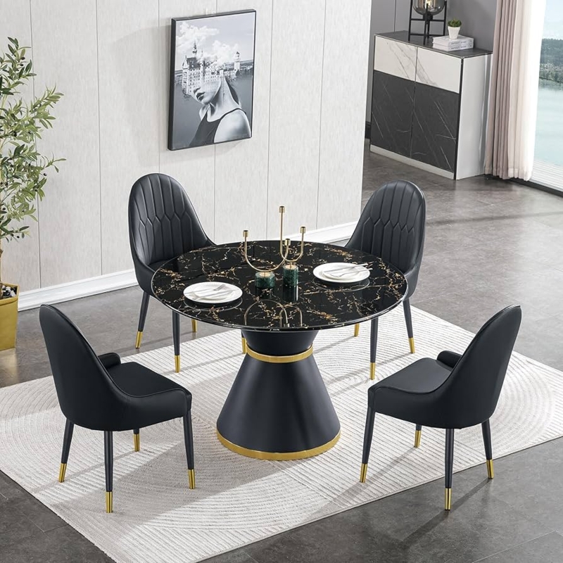 Glossy Round Dining Table with Faux Marble and Gold Accents
