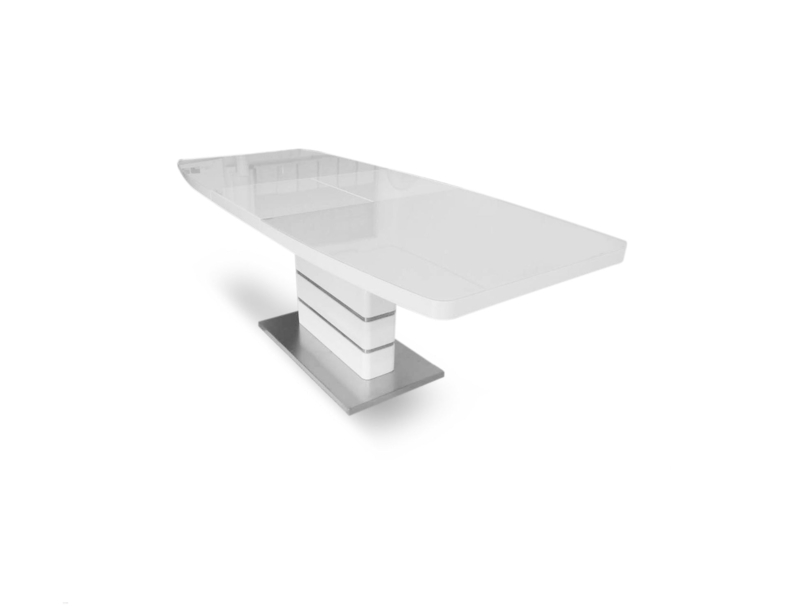 Glossy White Dining Table, Extendable Glass Top on Block Pedestal