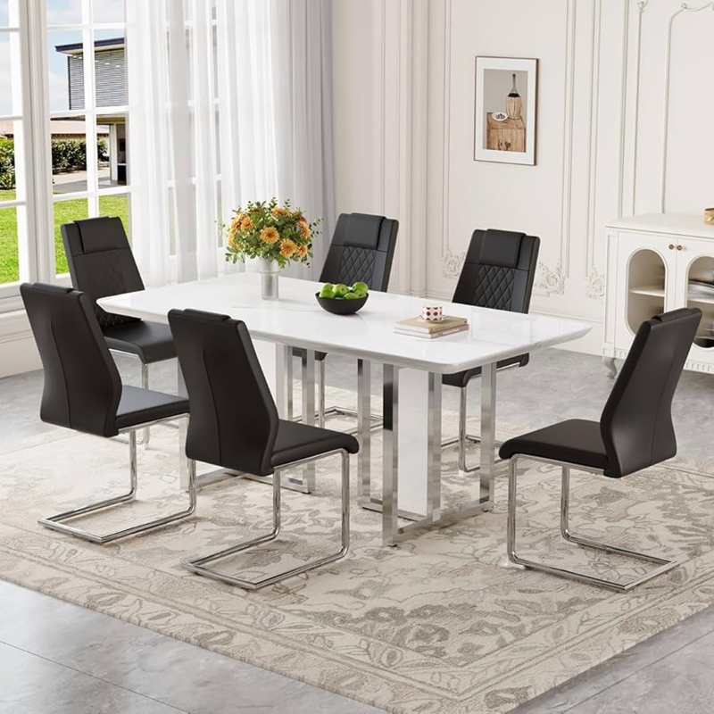 Glossy White Dining Table Set with Black Cantilever Chairs