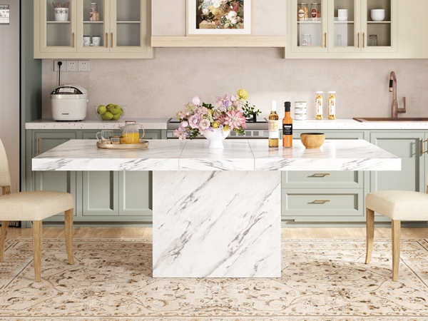 Glossy White Stone Dining Table featuring Thick Block Base