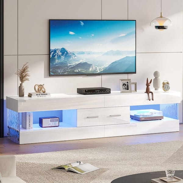 Glossy White TV Stand, Ultra Low Profile, Blue LED Lighting