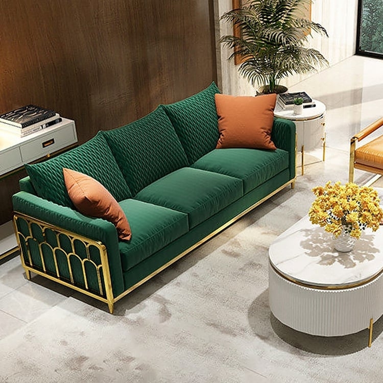 Gold Arched Metal Frame Sofa with Diamond Quilted Back Cushions