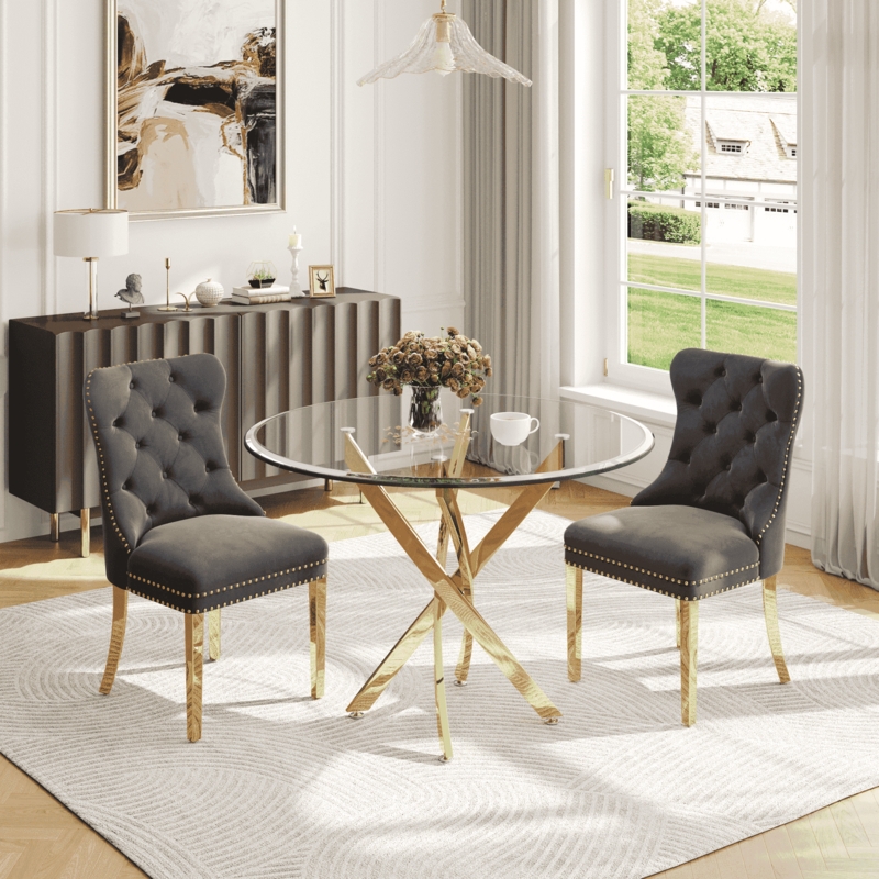 Gold Base Dining Table Set Round Glass Top Charcoal Velvet Tufted