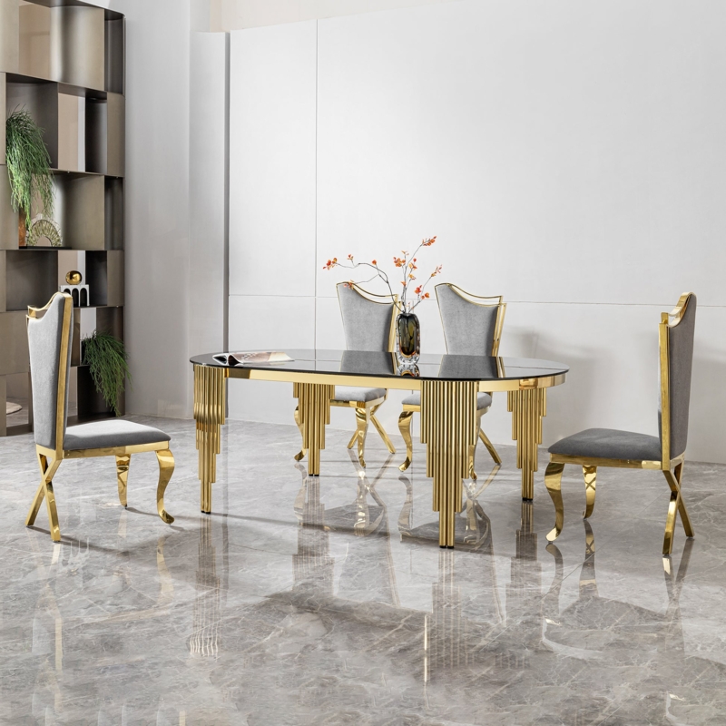 Gold Fluted Base Oval Dining Table with Black Glass Top Glam Style