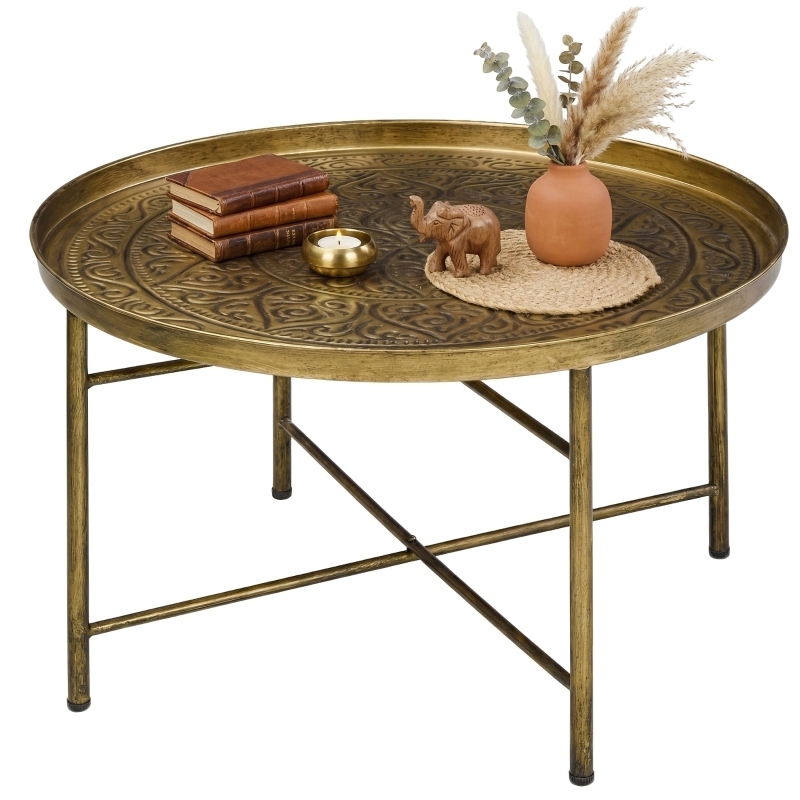 Gold Hammered Metal Coffee Table with Round Tray Top and Open Frame