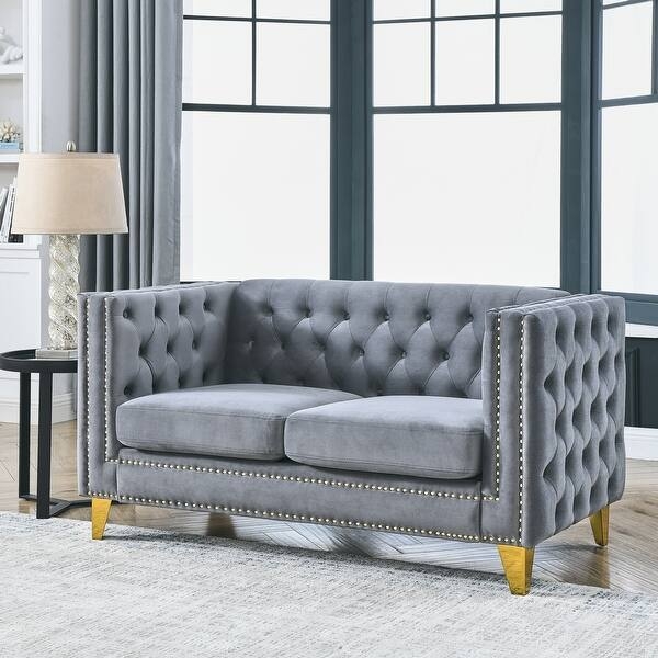 Gold Leg Loveseat in Charcoal Velvet with Deep Button Tufting