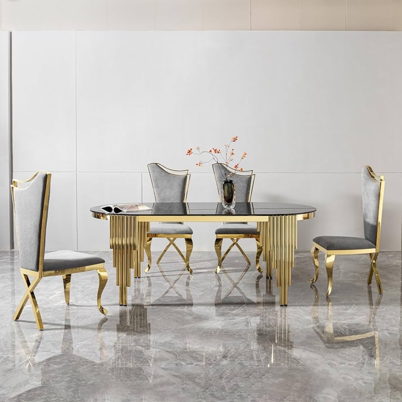 Gold Oval Dining Table with Tiered Legs and Black Glass Top