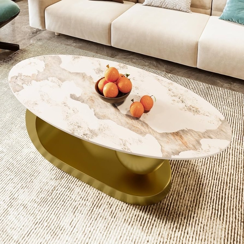 Gold Pedestal Coffee Table Oval White Sintered Stone Top Glam