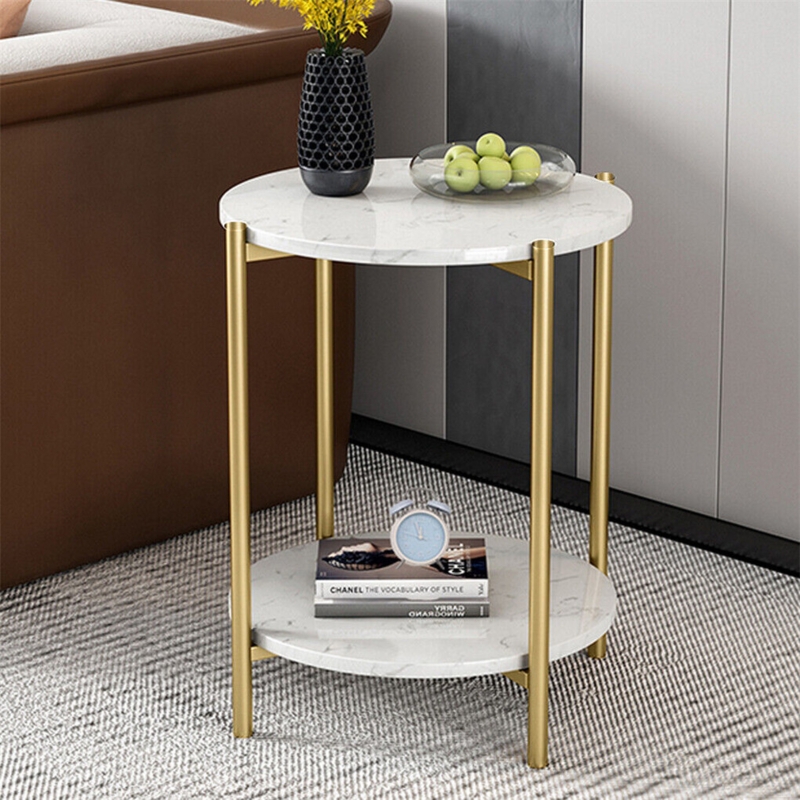 Gold Round Side End Table Bedside Small Coffee Table with Marble Top&Gold Frame