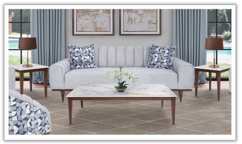 Gray Channel Tufted Sofa with Walnut Tapered Legs and Mid Century Vibe
