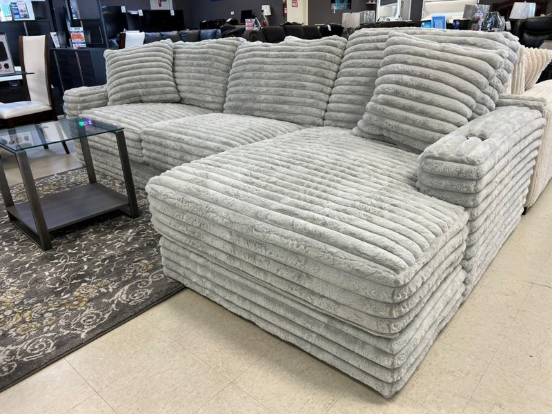 Gray Corduroy Sectional, Oversized Plush Sofa, Ribbed Texture.