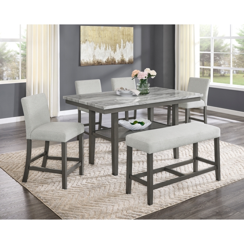 Gray Counter Height Dining Set with Faux Marble Top and Storage Shelf