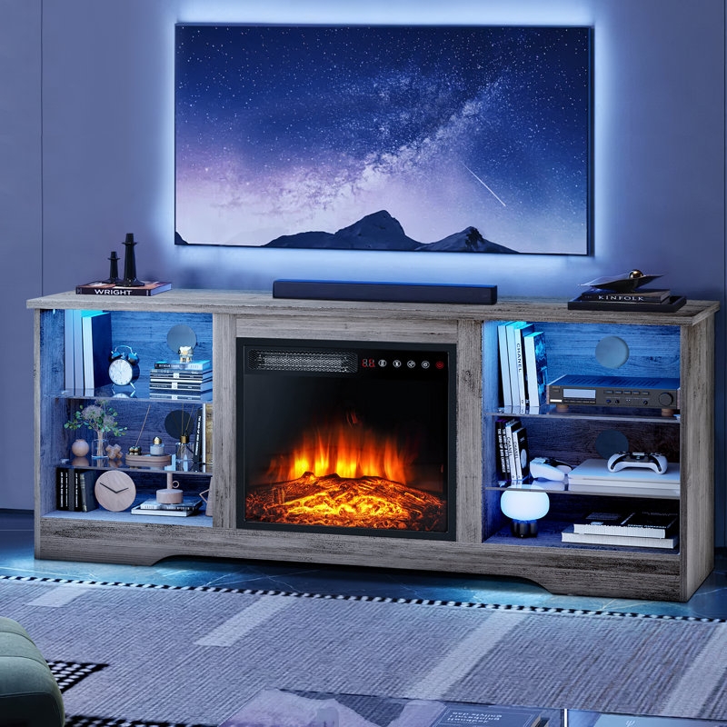 Gray Driftwood Entertainment Center Blue LED Lighting Fireplace