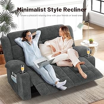 Gray Fabric Loveseat Recliner with Side Pockets and Cup Holders