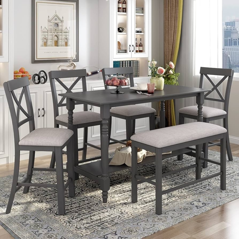 Gray Farmhouse Counter Height Set with X-Back Chairs & Storage